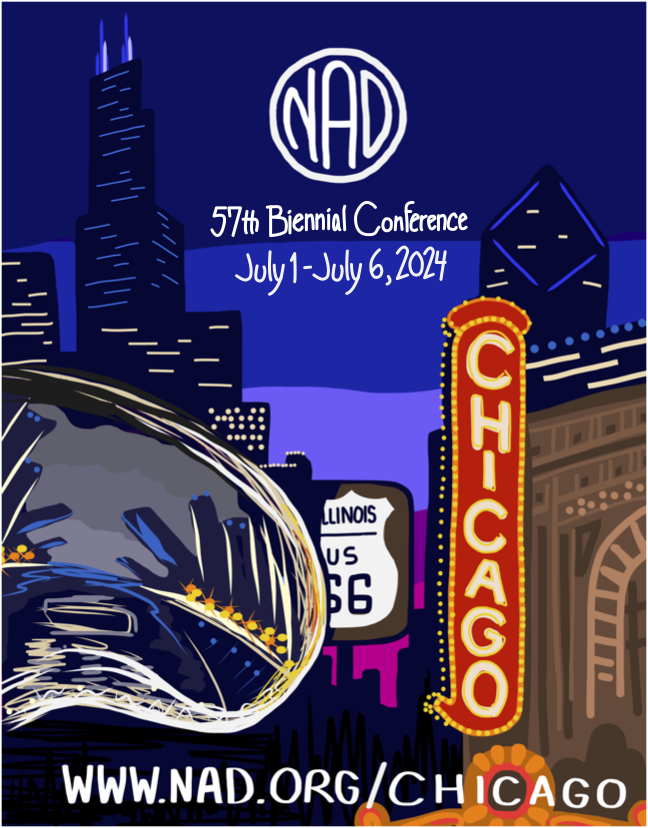Flyer for NAD Biennial Conference - has a colorful sketch of downtown Chicago in background. 