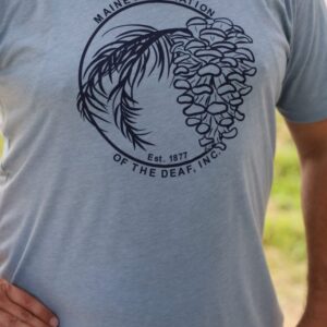 Comfortable, light blue t-shirt with dark blue MeAD Logo printed on the front.