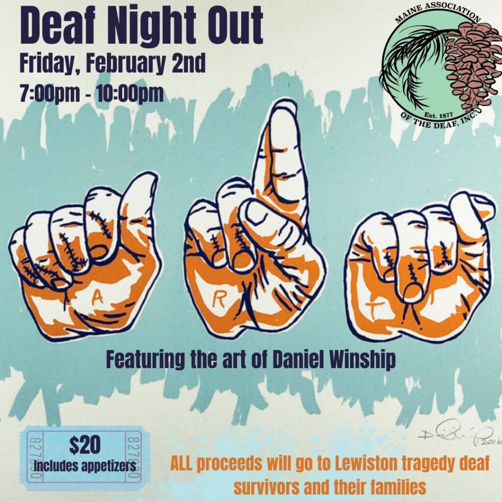 Deaf Night Out at 33 Elmwood - with ART in handshapes in the background.