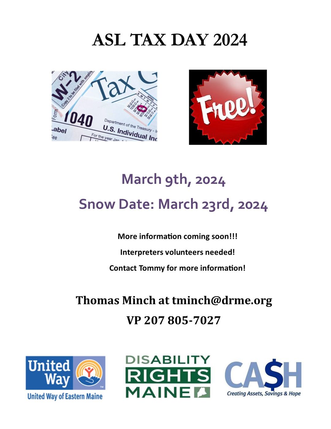 ASL Tax Day hosted by DRM flyer. 